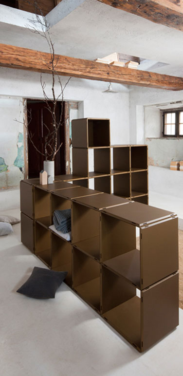 modular shelving system in gold – corner arrangement