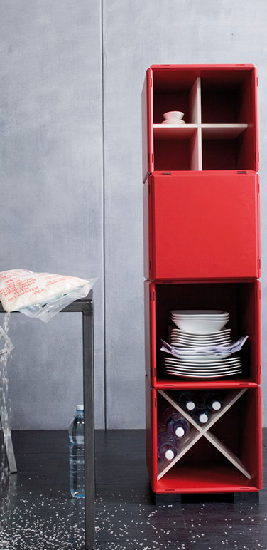 modular shelving system in red 